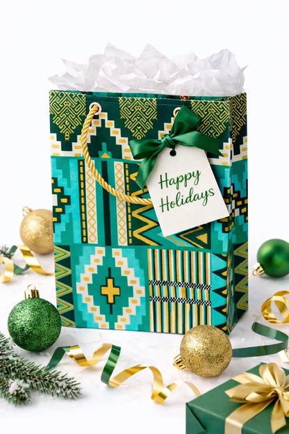 Dark green, green, white, & gold extra small gift bag with tissue paper, and holiday ornaments on white background