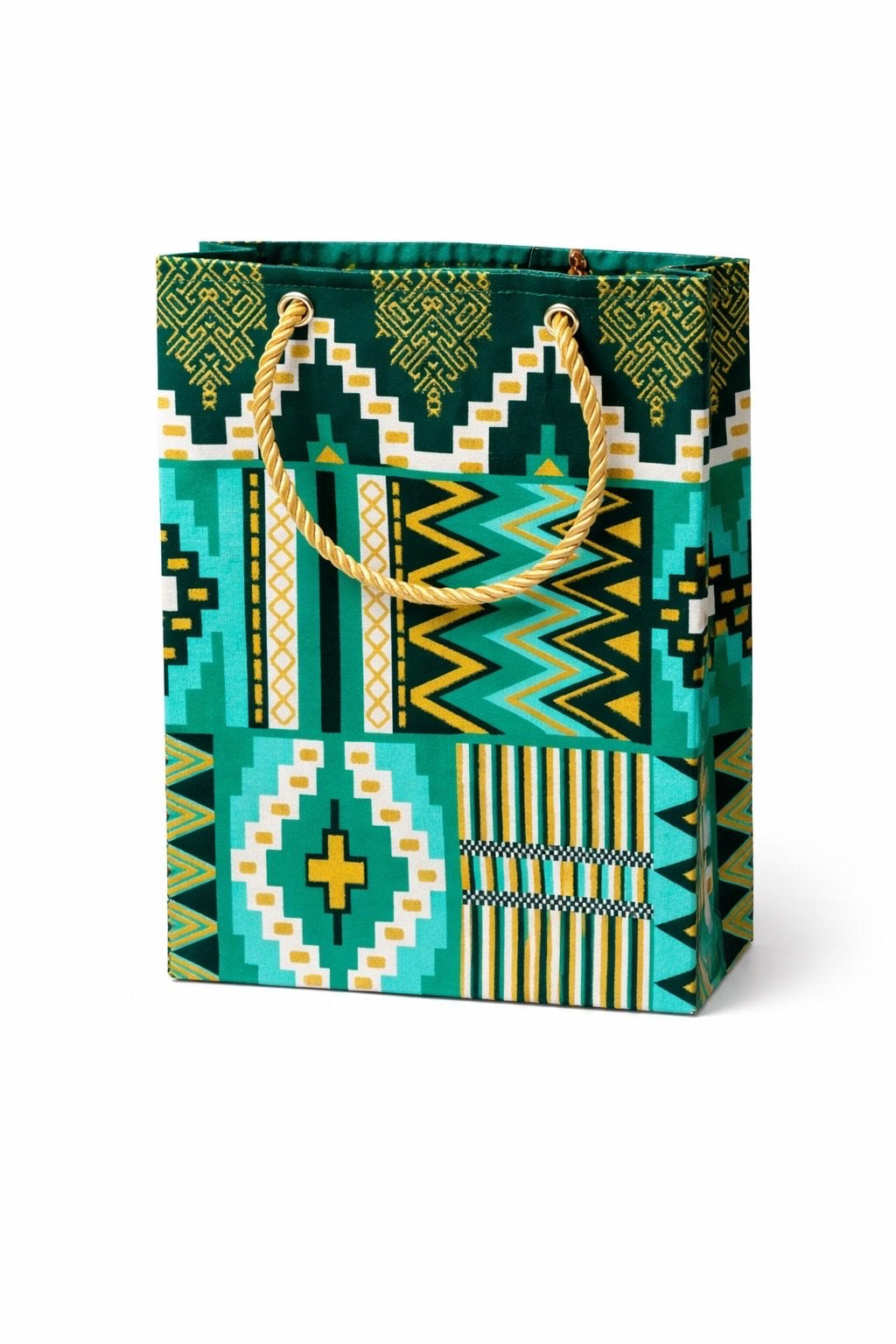 Dark green, green, white, & gold extra small gift bag on white background