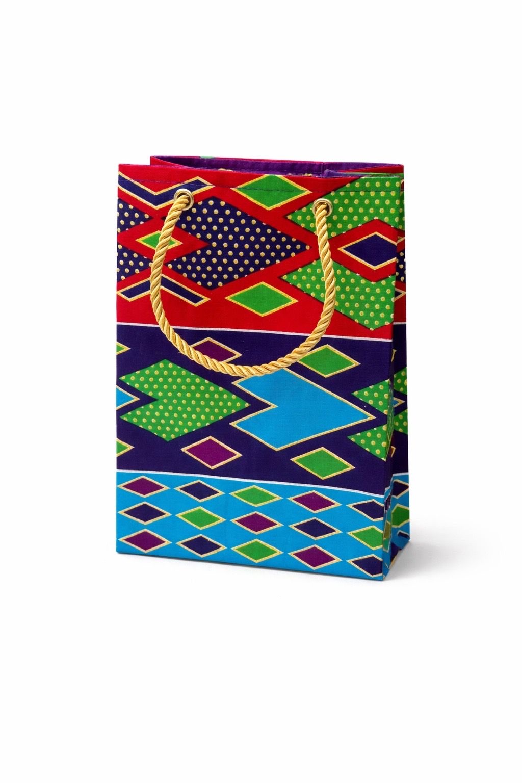 Dark purple, green, red, turquoise, & gold extra small gift bag on white background