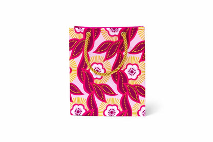 Fuchsia, pink, gold, & white extra small gift bag on white background