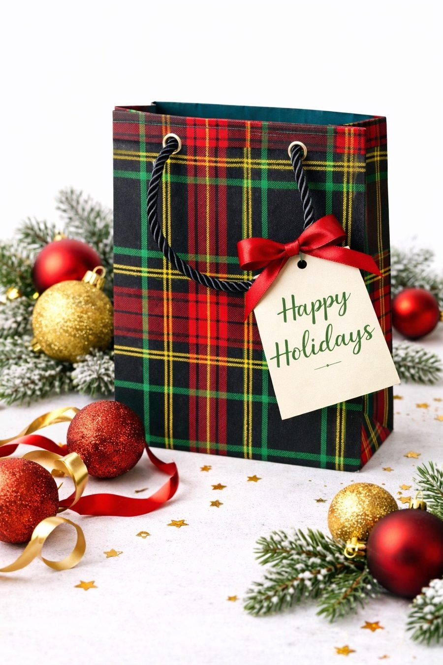 Black, red, green, & gold extra small gift bag on white background with ornaments, ribbons, gift tag, confetti, & tree branches