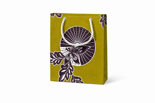 Olive green, dark brown, & white extra small gift bag on white background