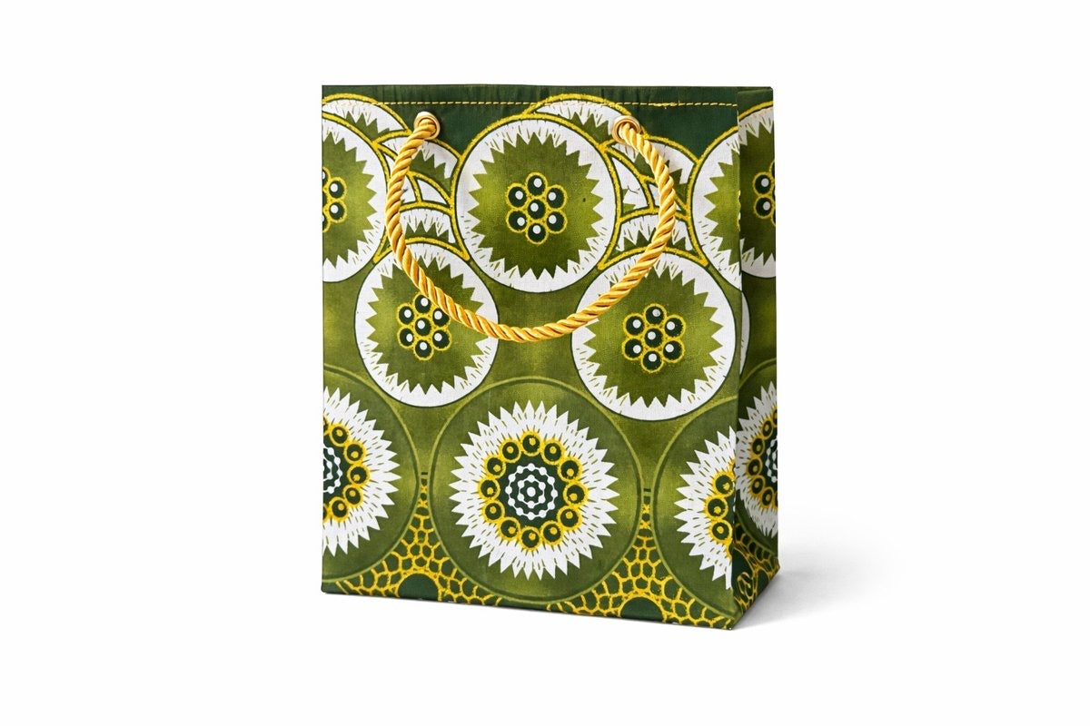 Olive green, dark green, white & gold extra small gift bag on white background