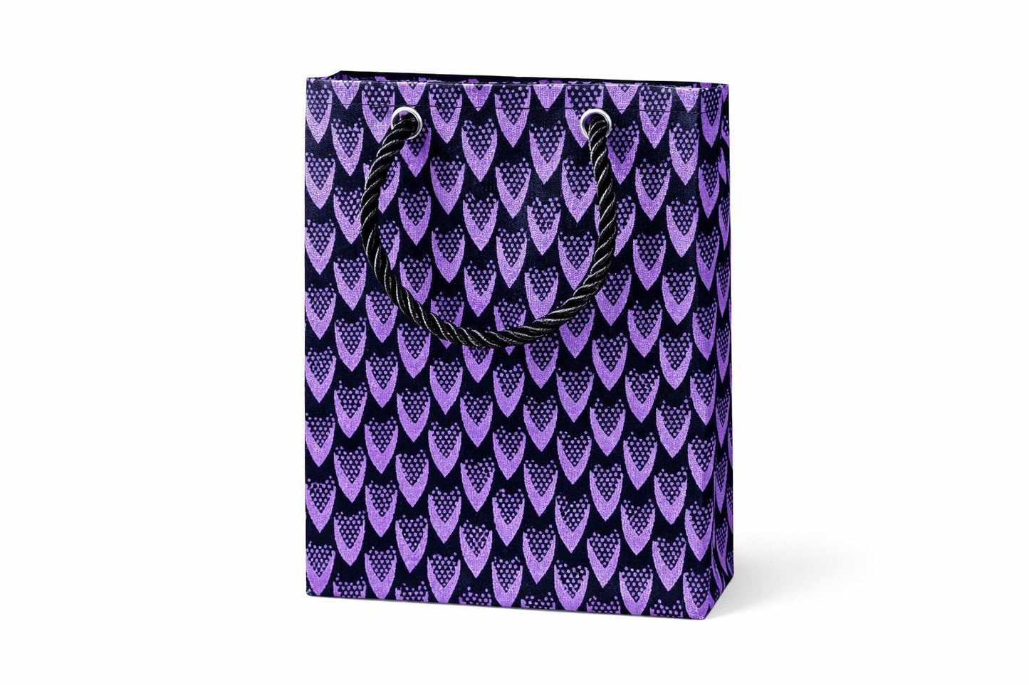 Purple and black gift bag with teardrop pattern on a white background