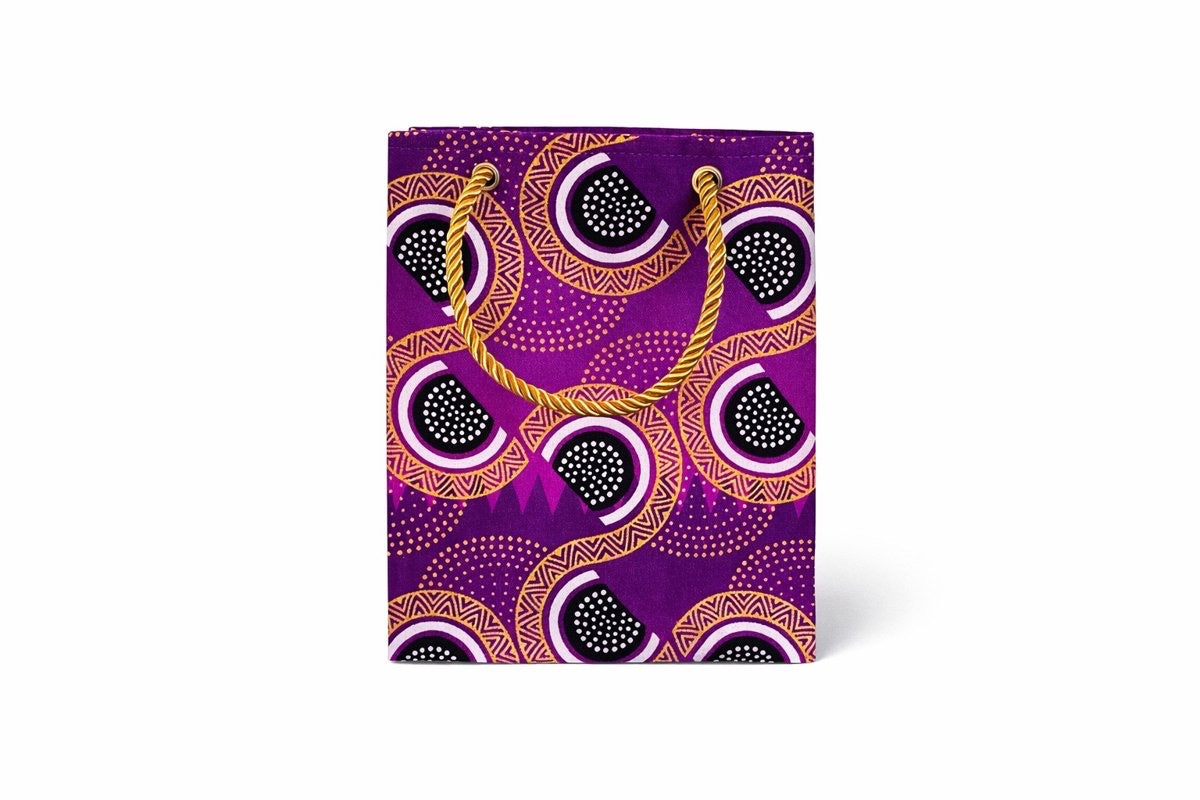 Purple, black, white, & gold extra small gift bag on white background