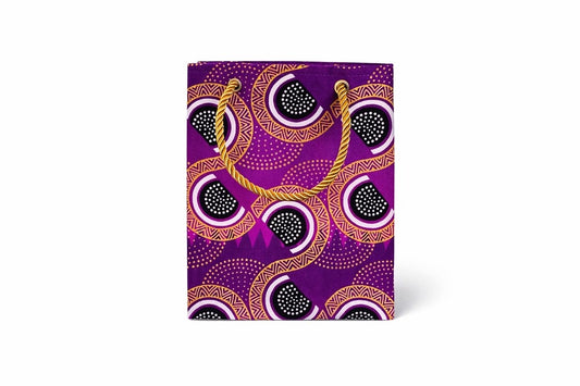 Purple, black, white, & gold extra small gift bag on white background
