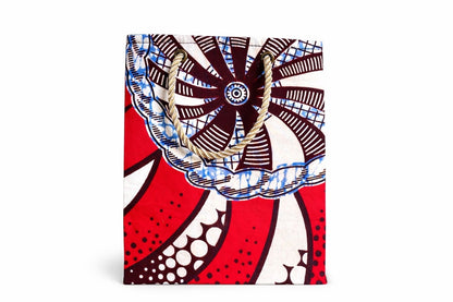 Red, dark brown, cream & blue extra small gift bag on white background