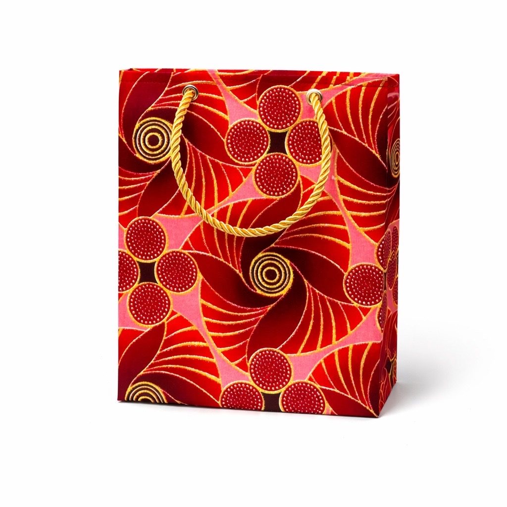 Red, maroon, pink, & gold extra small gift bag on white background
