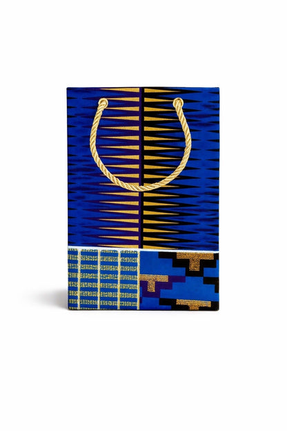 Royal blue, blue, black, white, & gold extra small gift bag on white background