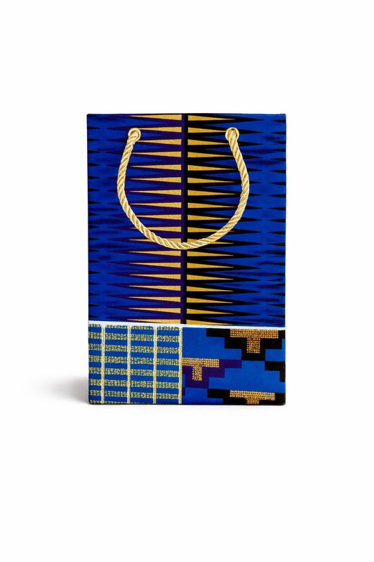 Royal blue, blue, black, white, & gold extra small gift bag on white background