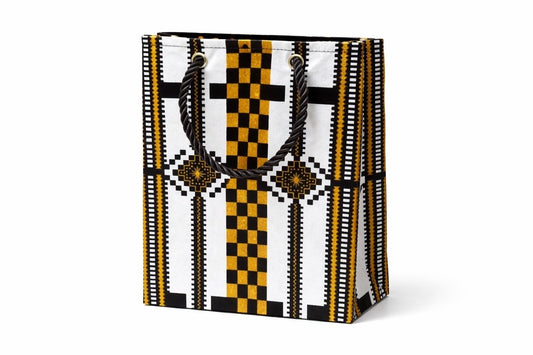 White, black, & gold extra small gift bag on white background