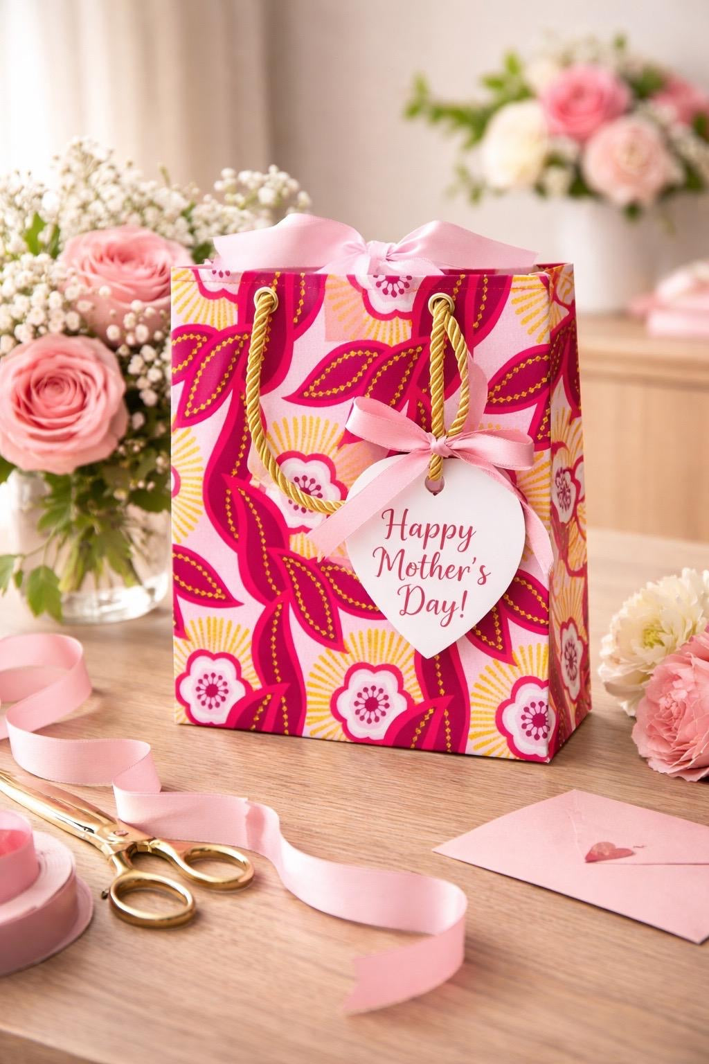 Fuchsia, pink white, & gold handmade African fabric extra small gift bag in lifestyle shot