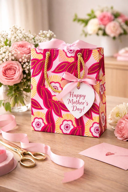 Fuchsia, pink white, & gold handmade African fabric extra small gift bag in lifestyle shot