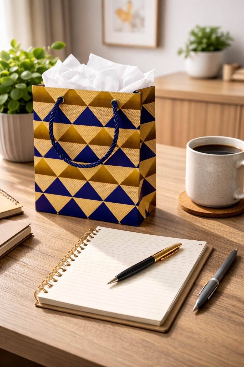 Gold, dark blue, & brown handmade African fabric extra small gift bag in lifestyle shot