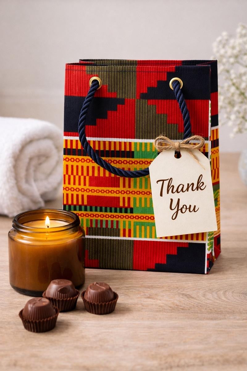 Orange, red, green, black, & white handmade African fabric extra small gift bag in lifestyle shot