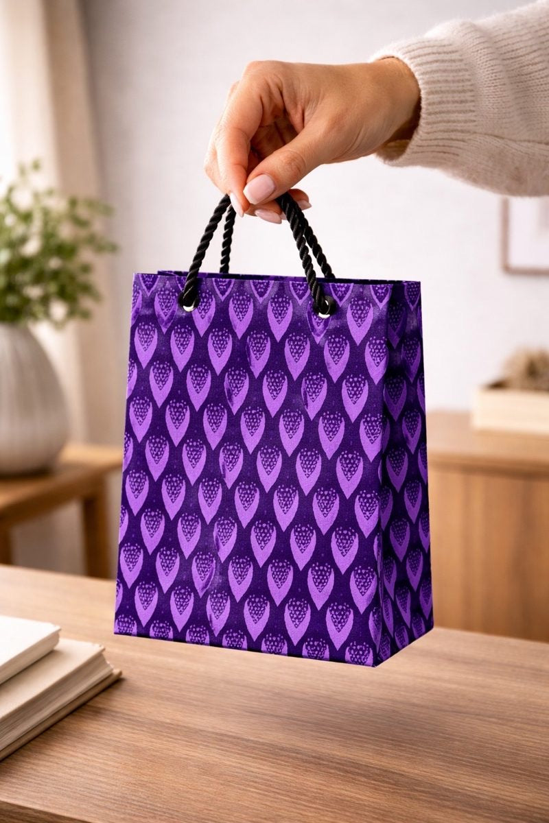 Purple & black handmade African fabric extra small gift bag in lifestyle shot