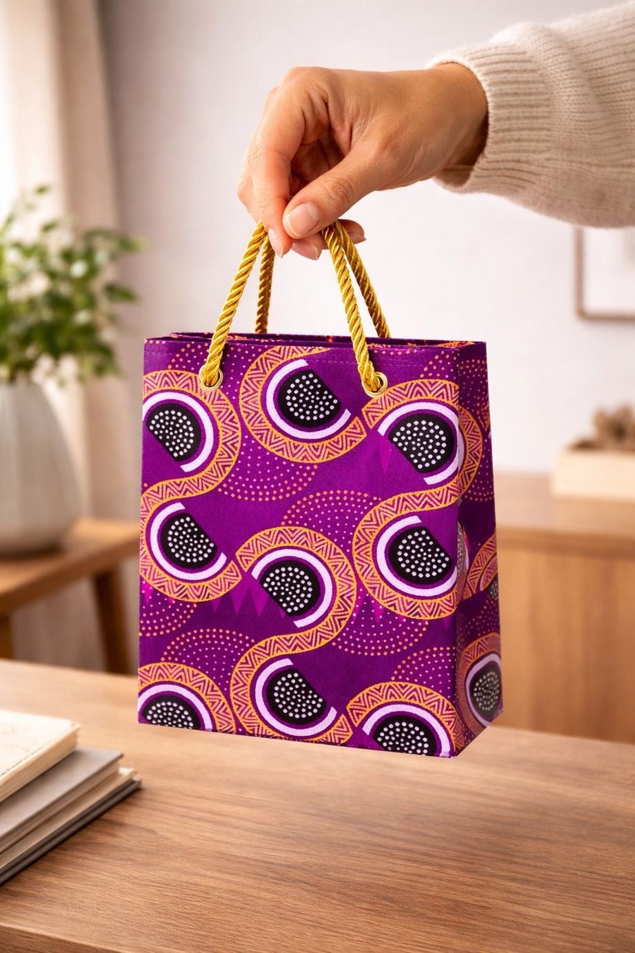 Purple, black, gold, & white handmade African fabric extra small gift bag in lifestyle shot