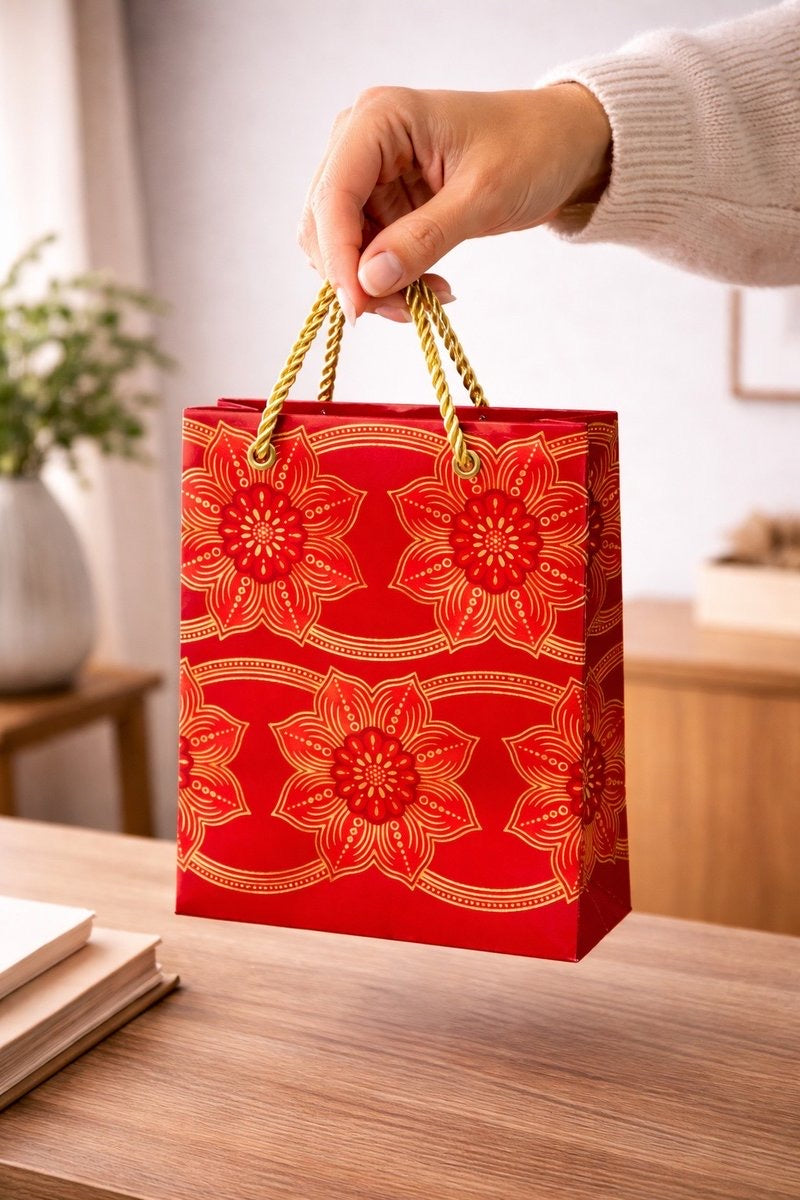 Red, maroon, & gold handmade African fabric extra small gift bag in lifestyle shot