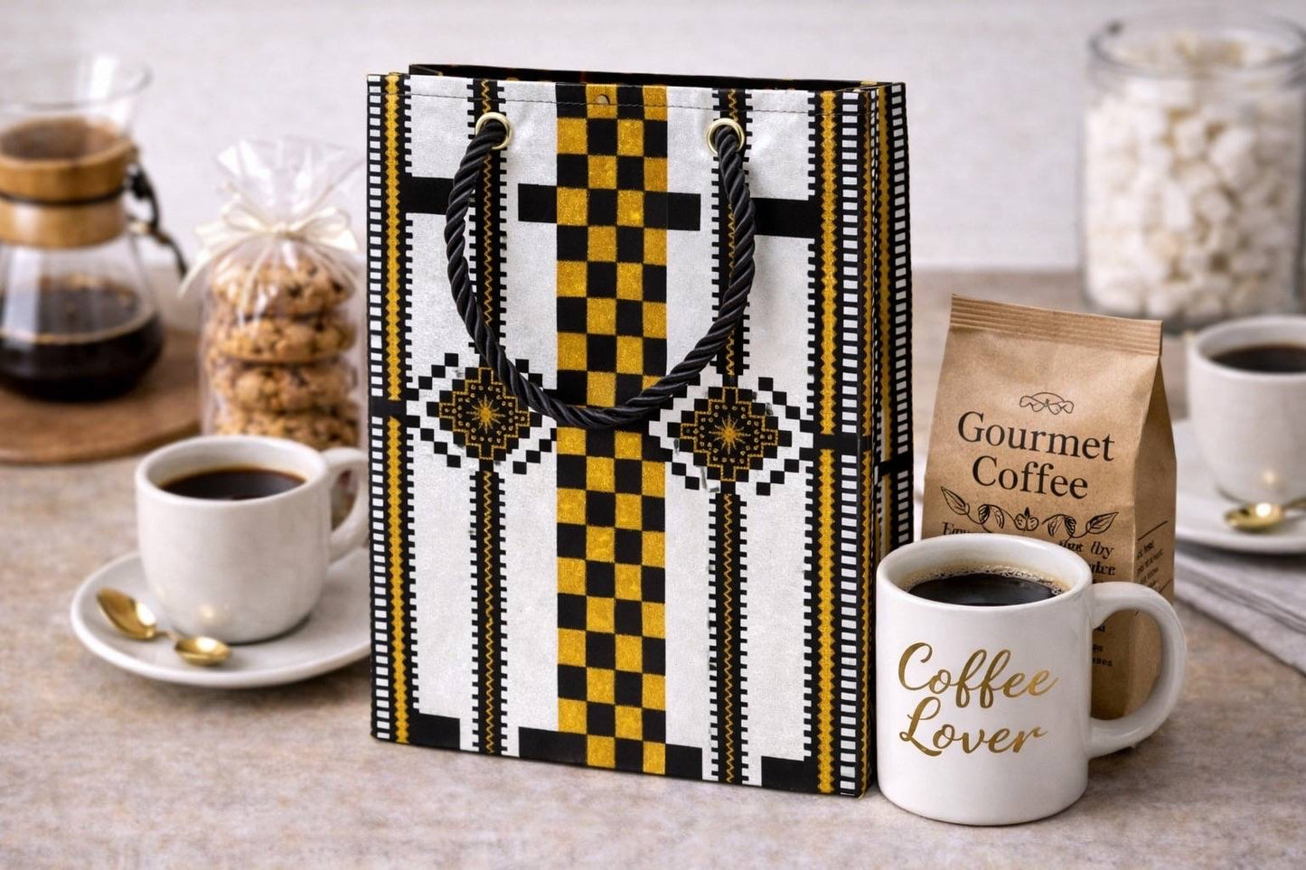 White, black, & gold handmade African fabric extra small gift bag in lifestyle shot