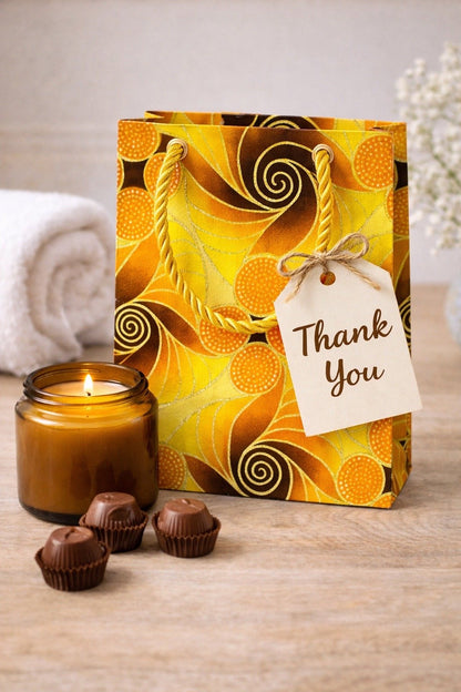 Yellow, brown, orange, & gold handmade African fabric extra small gift bag in lifestyle shot