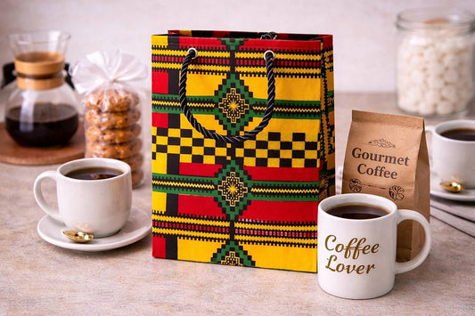 Yellow, red, green, black, & gold handmade African fabric extra small gift bag in lifestyle shot