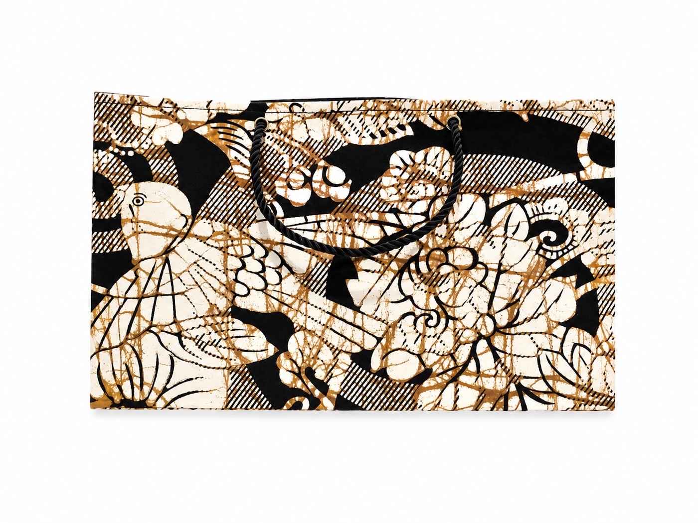 African wax print medium horizontal reusable fabric gift bag black, cream, and gold