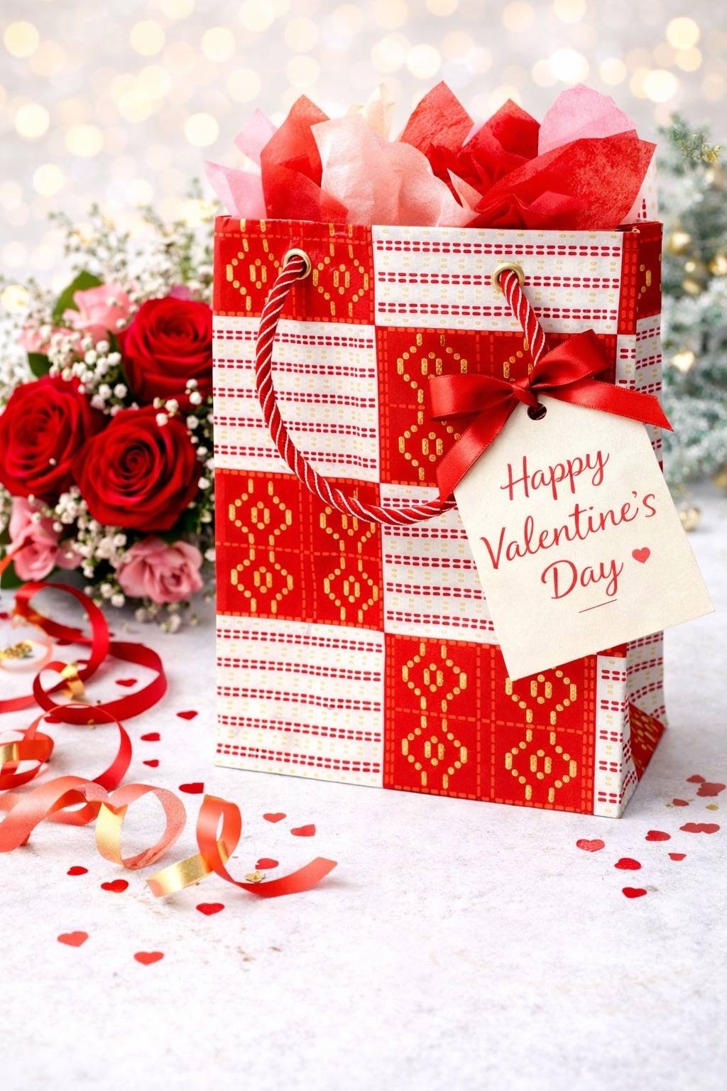 Red, white, & gold handmade African fabric small gift bag in lifestyle shot