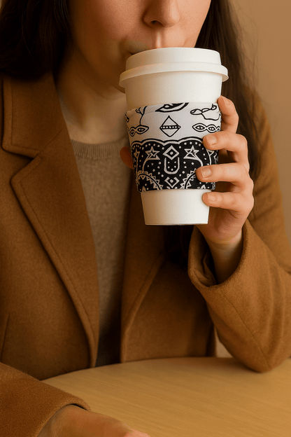 🌍 African Wax Print Cup Sleeve | Black & White | Reusable Coffee Cozy | Eco - Friendly Gift ☕🌿 - Gezia Accents