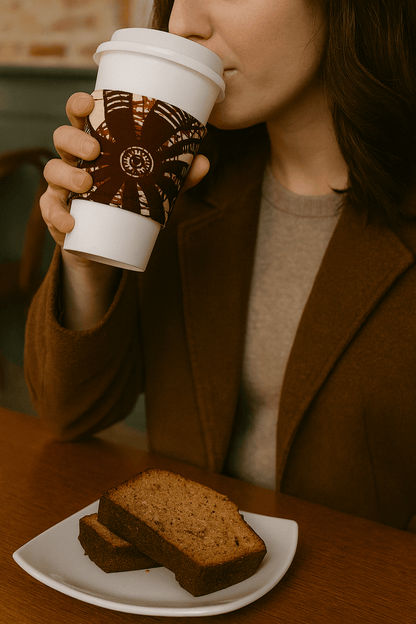 🌍 African Wax Print Cup Sleeve | Brown, Cream & Red | Reusable Coffee Cozy | Eco - Friendly Gift ☕🌿 - Gezia Accents