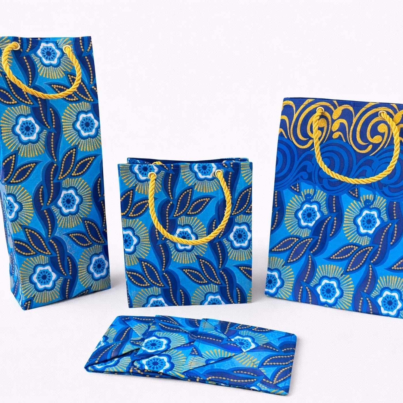 Dark blue, blue, white, & gold wine bag, extra small & small bag, & 4 piece coaster set
