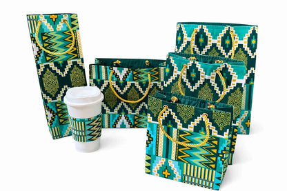 Dark green, green, white, & gold wine bag, small horizontal bag, cup sleeve, medium, small, extra small bag 
