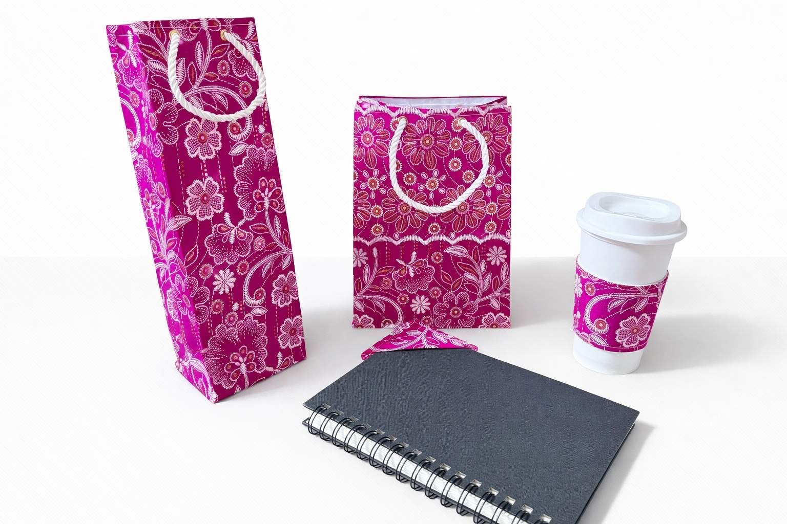 Fuchsia & white wine bag, small bag, cup sleeve, & bookmark
