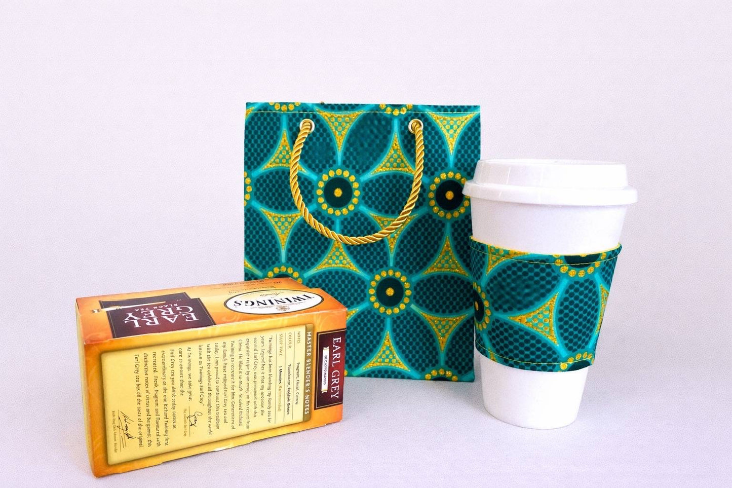 Green, dark green, black, & gold extra small bag & cup sleeve