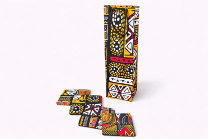 Black, white, orange, & red wine bag & set of 4 coasters on a white background