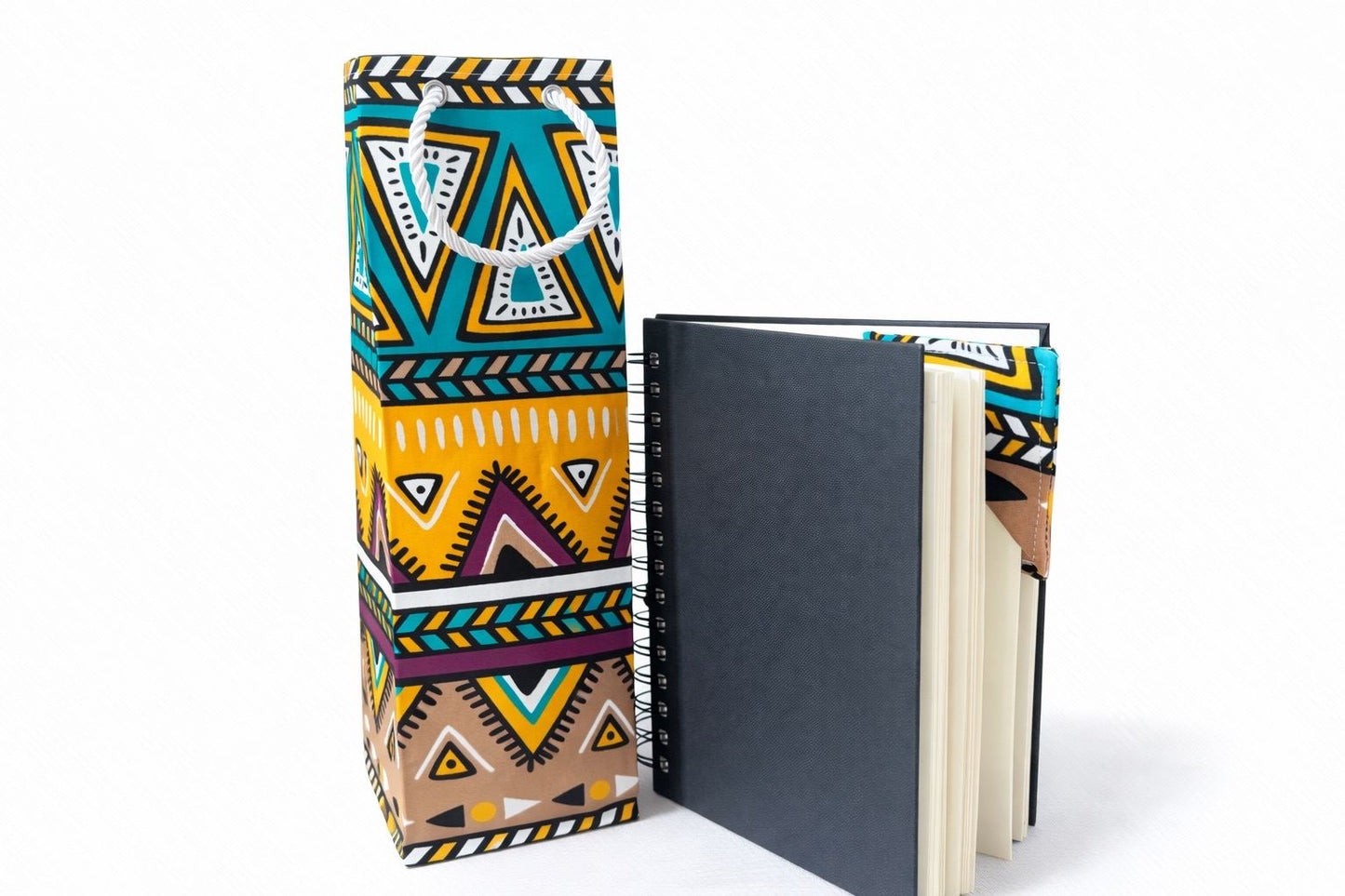 Yellow, purple, green, taupe, & whitewine bag, & corner bookmark on a white background 