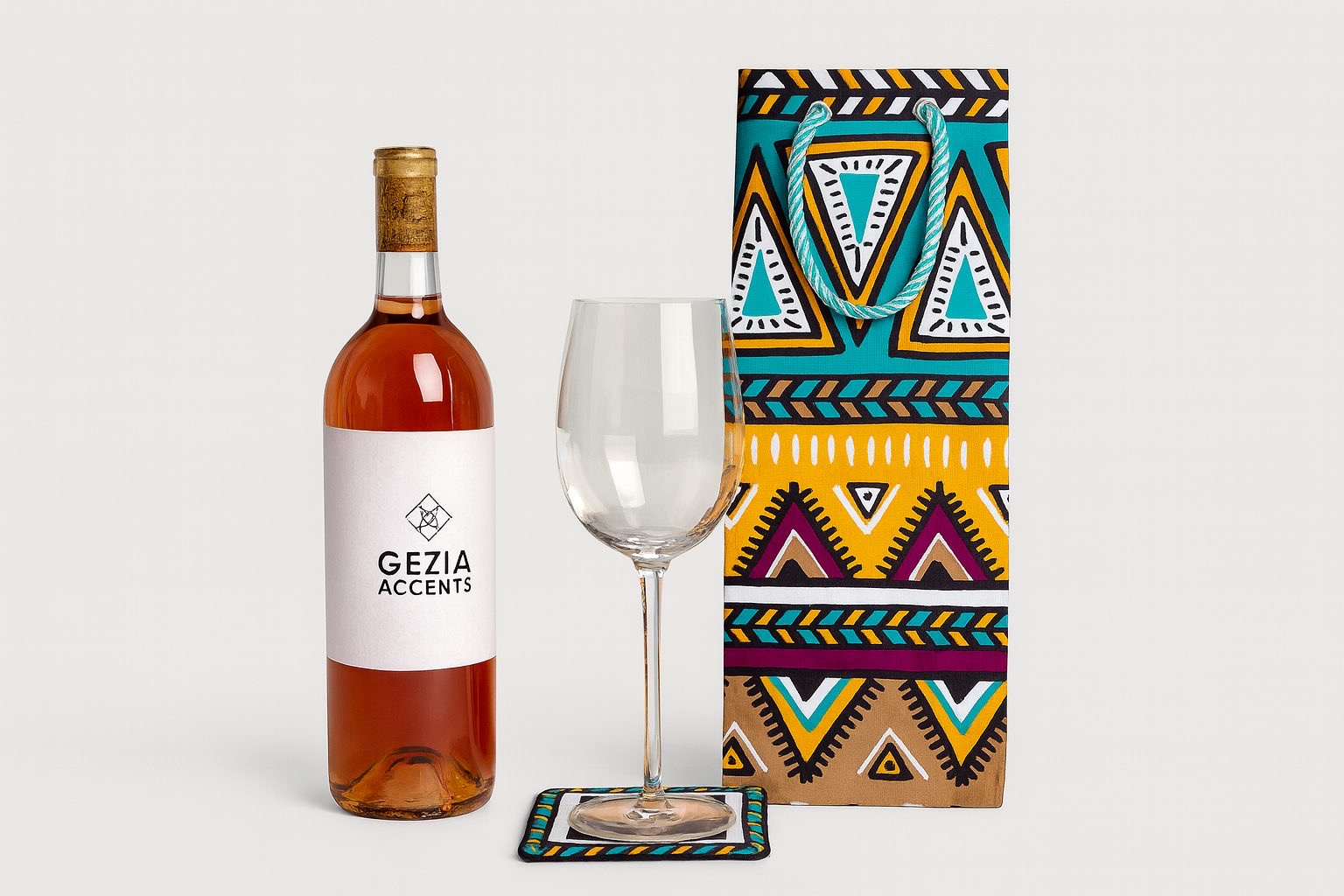 Purple, green, yellow, beige, white, & black wine bag, & coaster on a white background