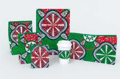 White, black, red, & green medium, small, extra small, and mini square  bag, medium horizontal gift bag and cup sleeve on a white background