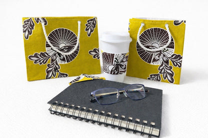 Olive green, dark brown,  white small horizontal bag, extra small gift bag, cup sleeve, & bookmark on a white background