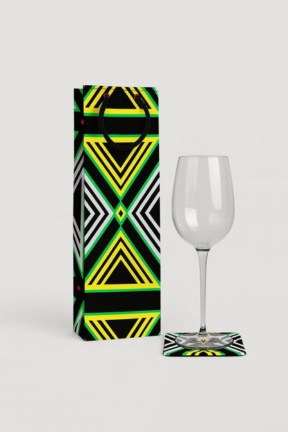 Black, white, yellow, & green wine bag, & coaster on a white background