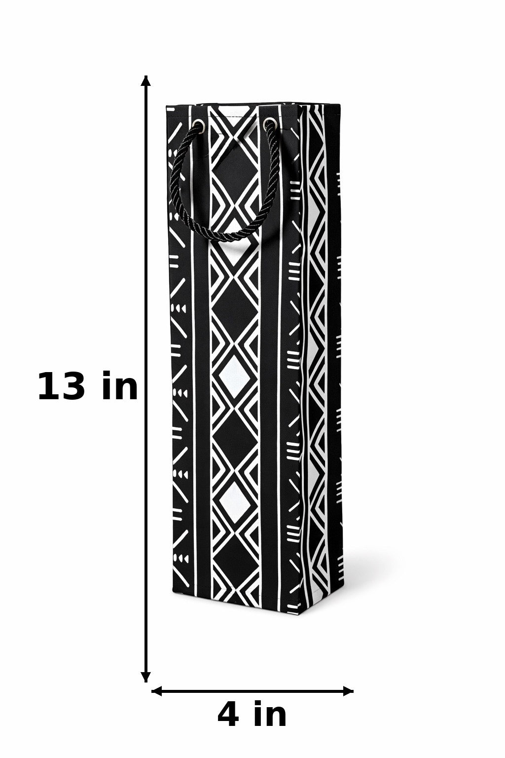 Black and white patterned wine gift bag with 13in x 4in dimensions on a white background