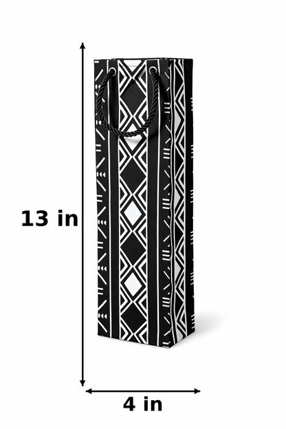 Black and white patterned wine gift bag with 13in x 4in dimensions on a white background