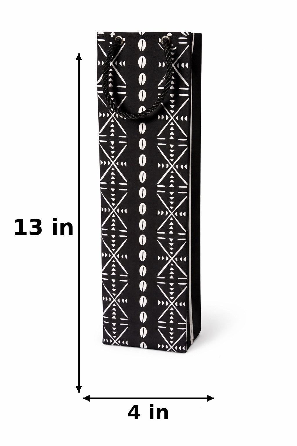 Black and white patterned wine gift bag with 13in x 4in dimensions on a white background