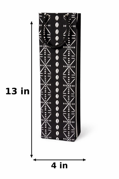 Black and white patterned wine gift bag with 13in x 4in dimensions on a white background