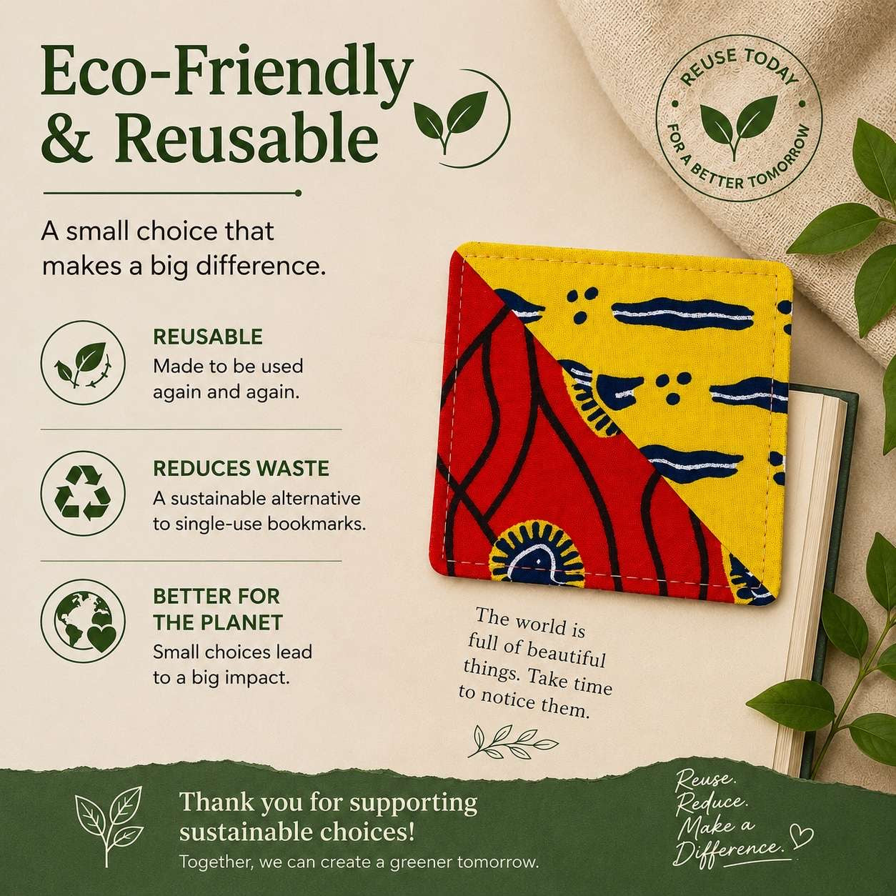 Reusable bookmark with colorful design on a beige background, surrounded by text about eco-friendliness.