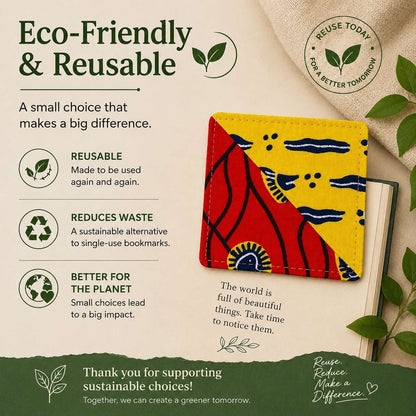 Reusable bookmark with colorful design on a beige background, surrounded by text about eco-friendliness.