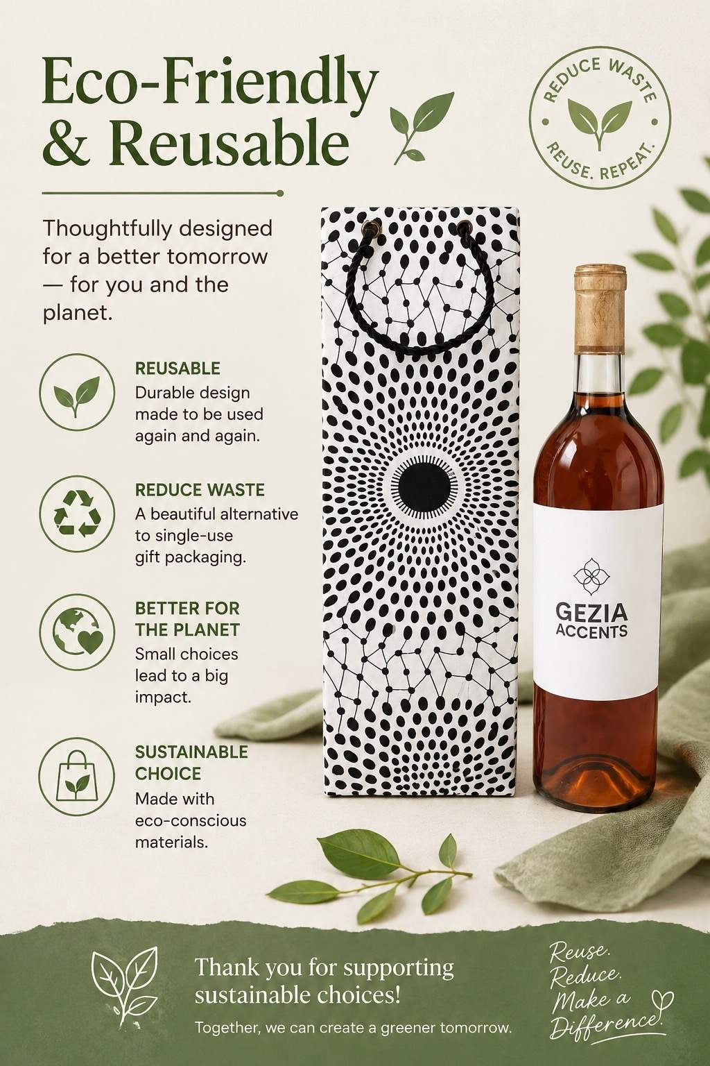 Wine bottle with white and black wine gift bag and promotional text about eco-friendliness and sustainability.