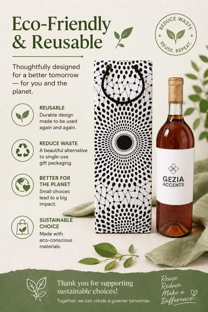 Wine bottle with white and black wine gift bag and promotional text about eco-friendliness and sustainability.