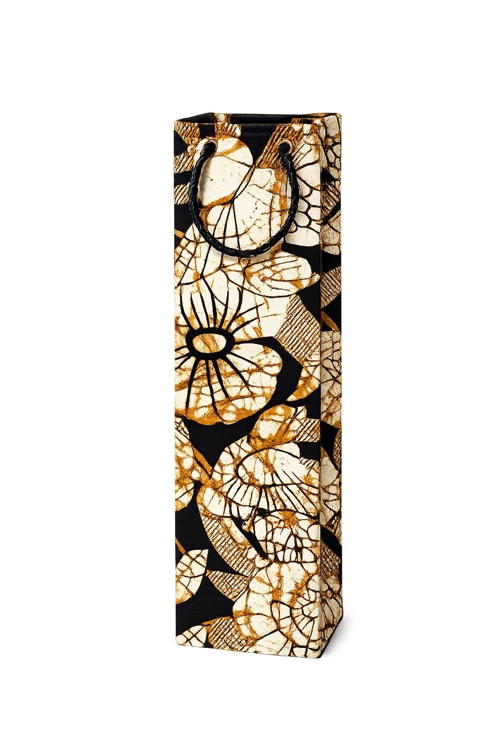 Decorative cream, black, and gold wine bottle bag with floral pattern on a white background