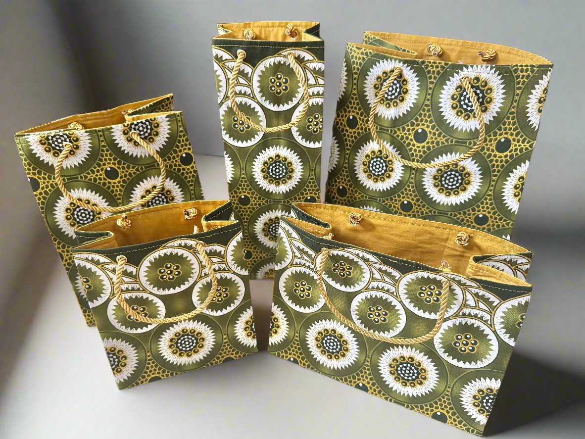 Ethnic, Fabric, Patterned Floral, Handmade Green, Cream, and Gold Wine Gift Bag - Gezia Accents