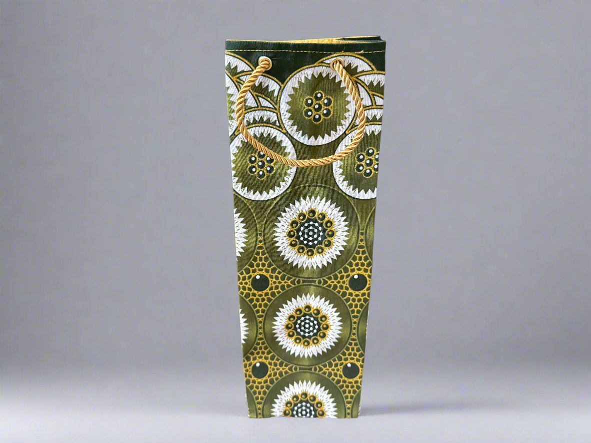 Ethnic, Fabric, Patterned Floral, Handmade Green, Cream, and Gold Wine Gift Bag - Gezia Accents